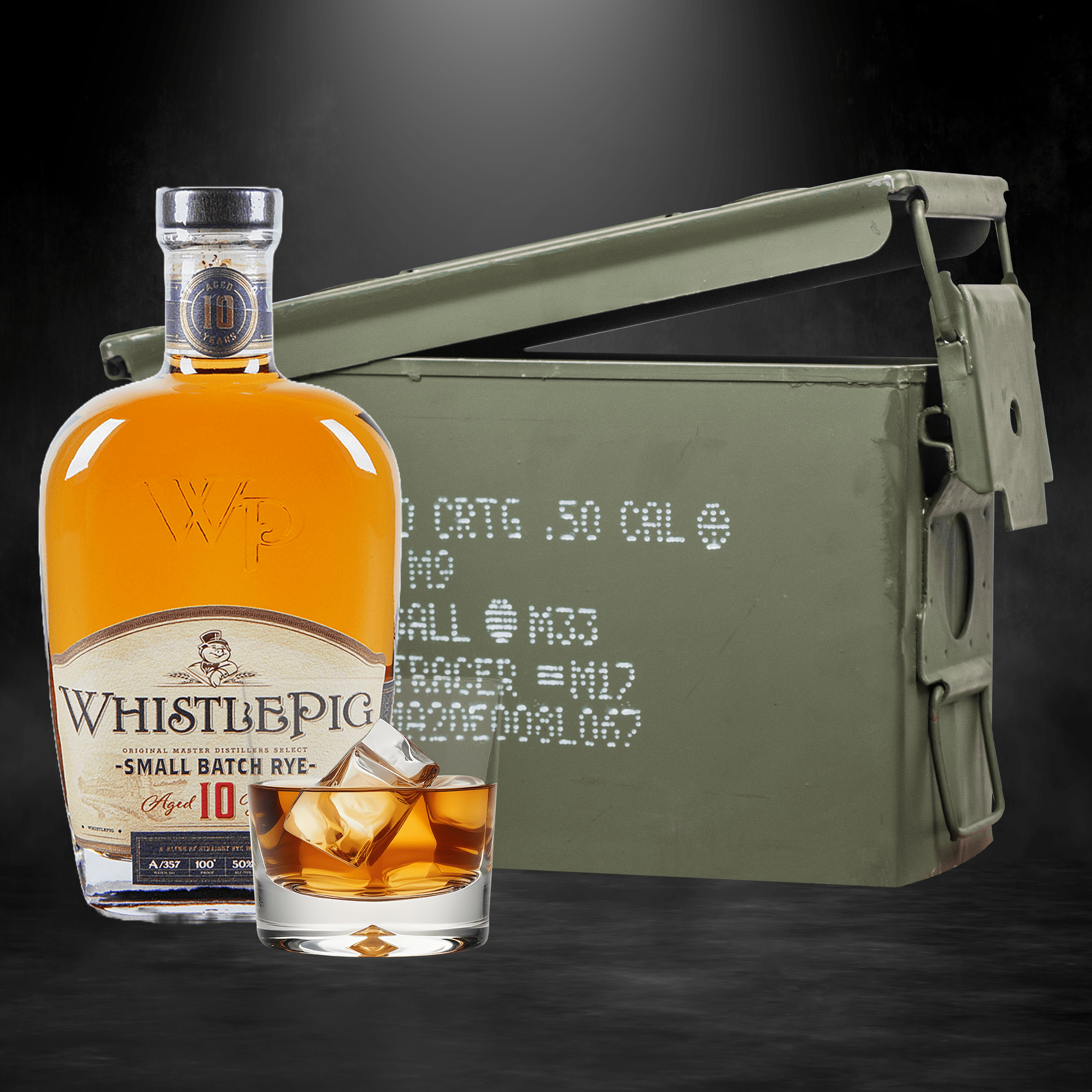 WhistlePig 10 Year Rye whiskey bottle inside authentic ammo can gift set